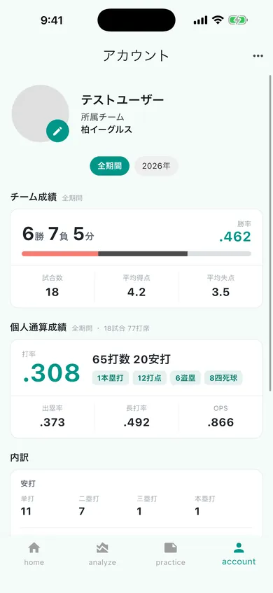 アカウント画面:勝率と勝敗の割合バー付きのチーム成績と個人通算成績