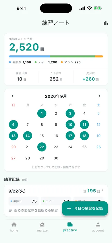 練習ノート画面:月のスイング数と先月比、練習した日に印が付くカレンダー、日ごとの記録